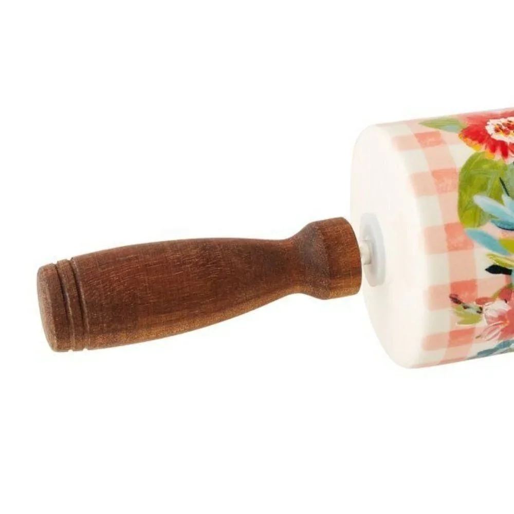 The Pioneer Woman Ceramic Rolling Pin Sweet Romance Blossom w/Acacia Handles NEW